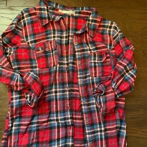 Red womens flannel with slight silver detail in pattern